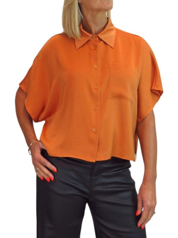 Paulo Due Women's Cropped Satin Shirt Short Sleeve Batwing Blouse - Orange