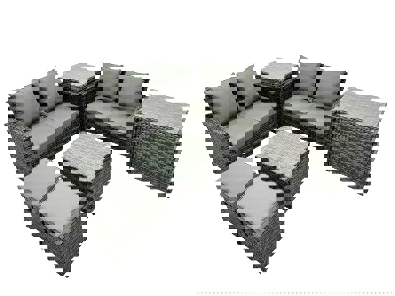 Fimous PE Rattan Garden Furniture Set Lounge Double Seat Sofa Coffee Table Set with 2 Side Tables 2 Small Stools Dark Grey Mixed