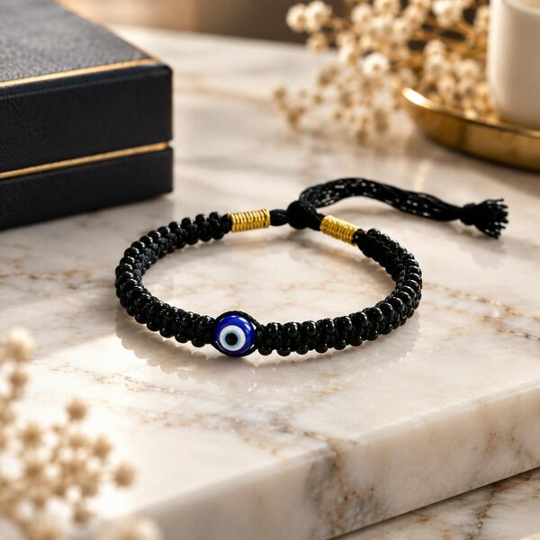 The Colourful Aura Adjustable Black Pearl Evil Eye Nazaria Bracelet for Kids