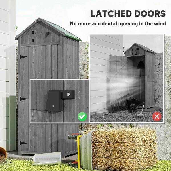 Grey wooden shed with latched double doors and lockable latch plate