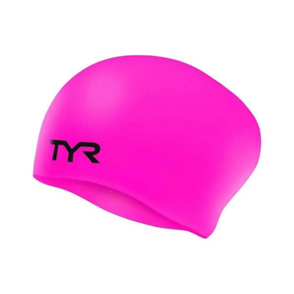 Neon pink TYR long hair silicone swim cap with black logo texture