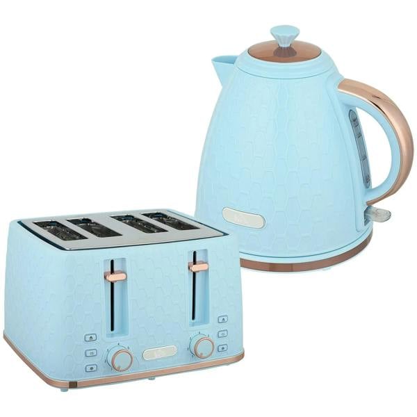 Light blue electric kettle and 4-slice toaster set with copper accents and controls