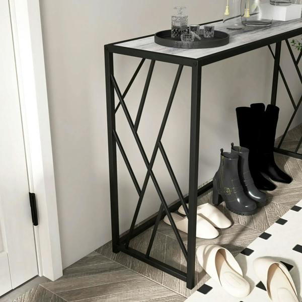 Industrial console table corner with grey top and black metal X-braced side panels