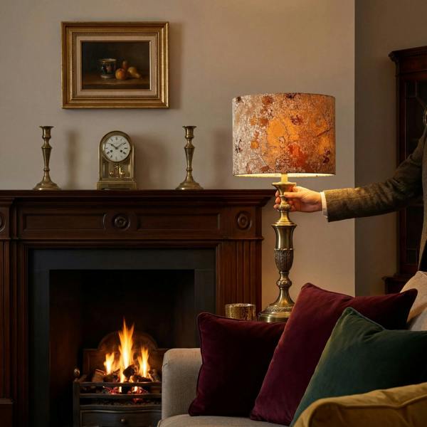 Modern Textured Gold and Burnt Orange Jacquard Fabric Drum Lampshade Image 6