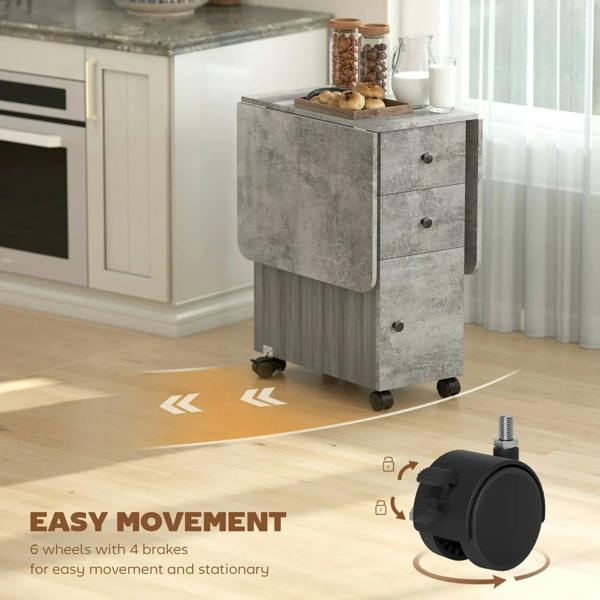 Grey drop-leaf dining table on casters with side drawers and foldable side panel