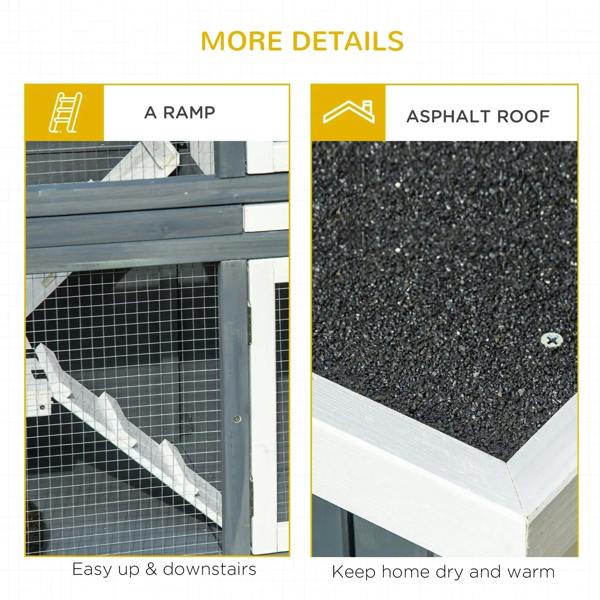 Grey 2-tier rabbit hutch detail showing ramp and asphalt-texture roof panel