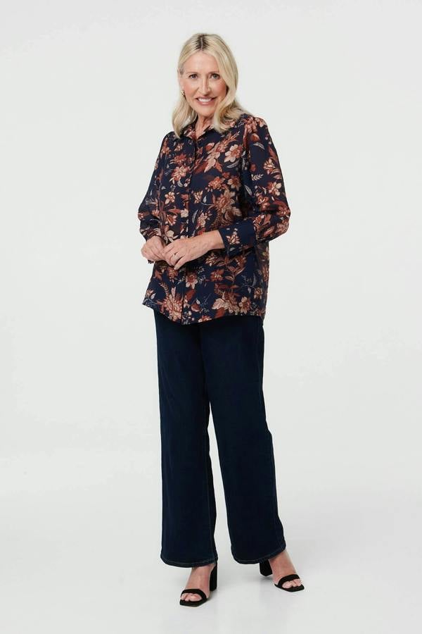 Navy | Floral Relaxed Fit Long Sleeve Shirt