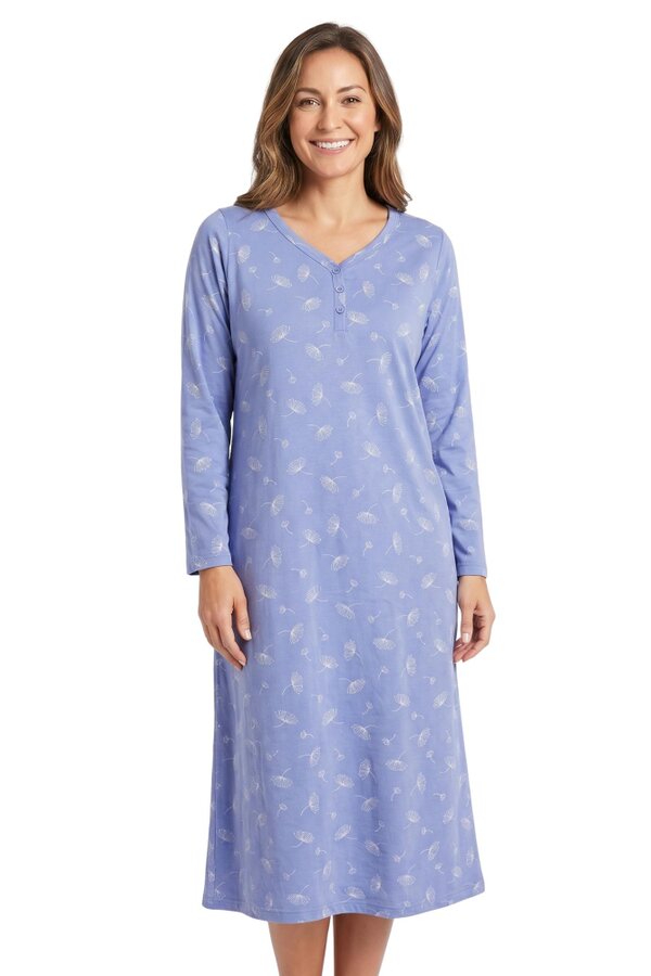 Camille Womens 100% Organic Cotton Classic Long Sleeve Nightdress - Blue FL