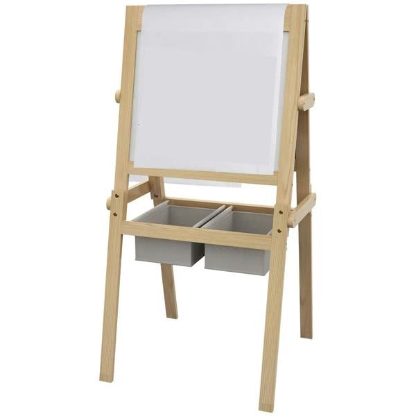 Kids wooden art easel with paper-roll panel, whiteboard, and two front storage bins