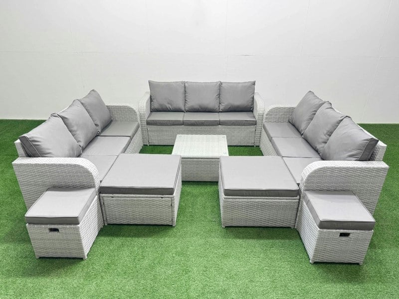 Fimous 13 Seater Outdoor Garden Furniture Set PE Rattan Lounge Sofa Set with Coffee Table 3 Seater Sofa 4 Footstools Light Grey
