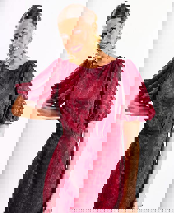 Burgundy Shimmer Puff Sleeve Midi Dress