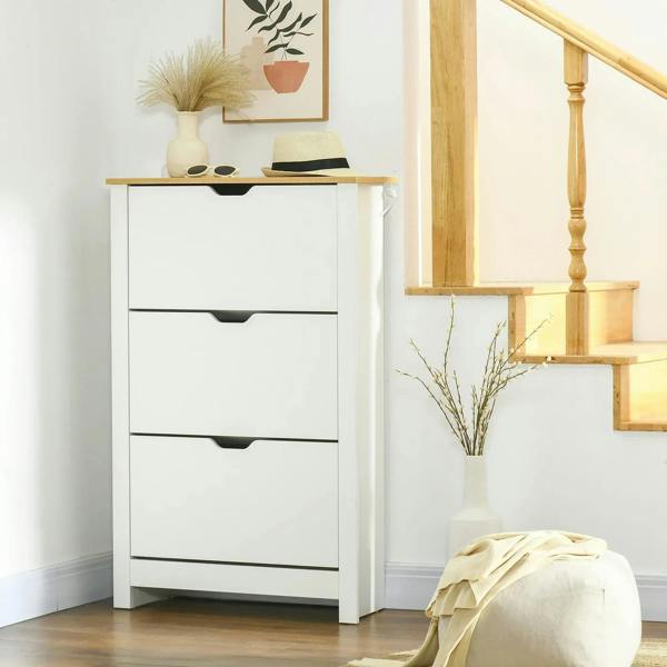White slim shoe cabinet with 3 flip drawers and light wood tabletop