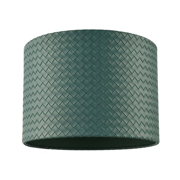 Dark Forest Green Faux-Leather Woven Drum Lampshade with Cotton Lining Image 1