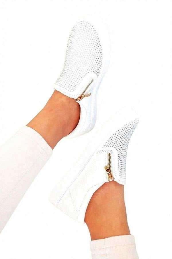 Leah Crystal Suede Zip Pumps Trainers - White_wb