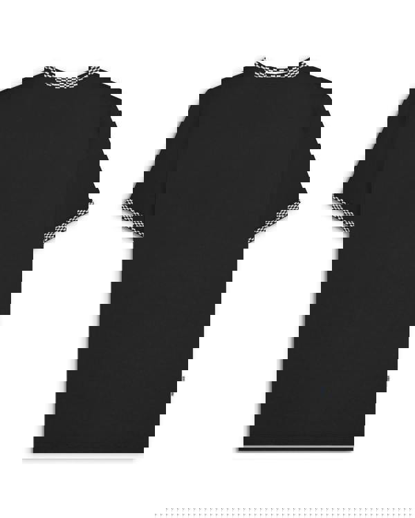 Lambretta Mens Classic Two Tone Ringer Retro Casual T-Shirt, black T-shirt with contrasting checkered trim on the collar and sleeves.