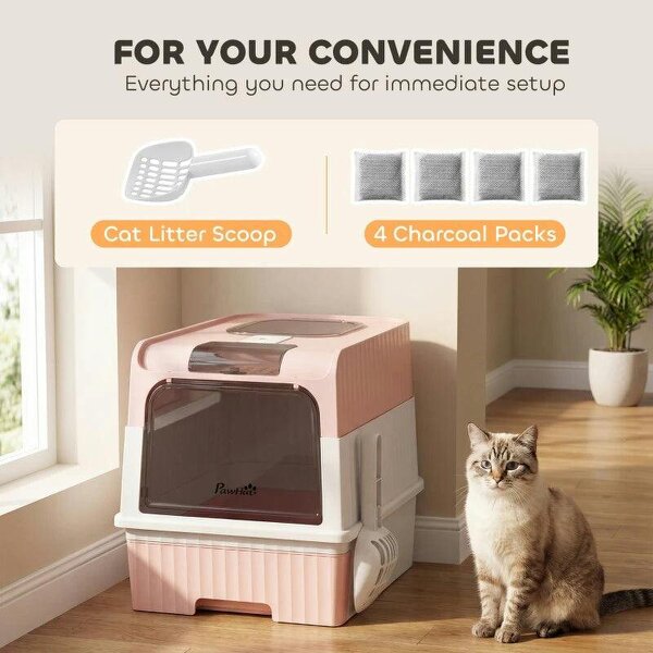 Enclosed Cat Litter Box with Lid, Pull-Out Drawer Tray, Scoop, 2 Deodorisation Bags, Front Entry & Top Exit, Pink