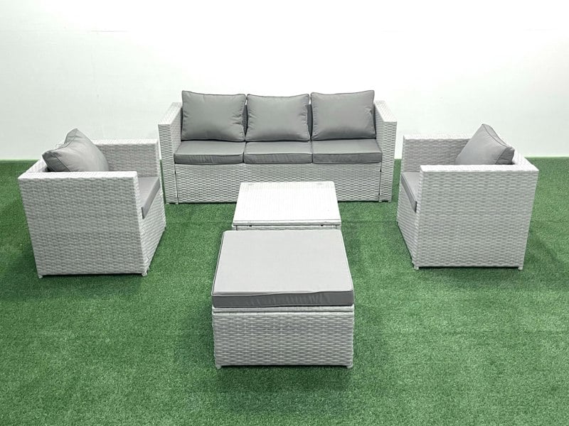 Fimous 6 Seater Rattan Garden Furniture Set with 3 Seater Sofa 2 Chair Square Coffee Table Big Footstool Light Grey Mixed