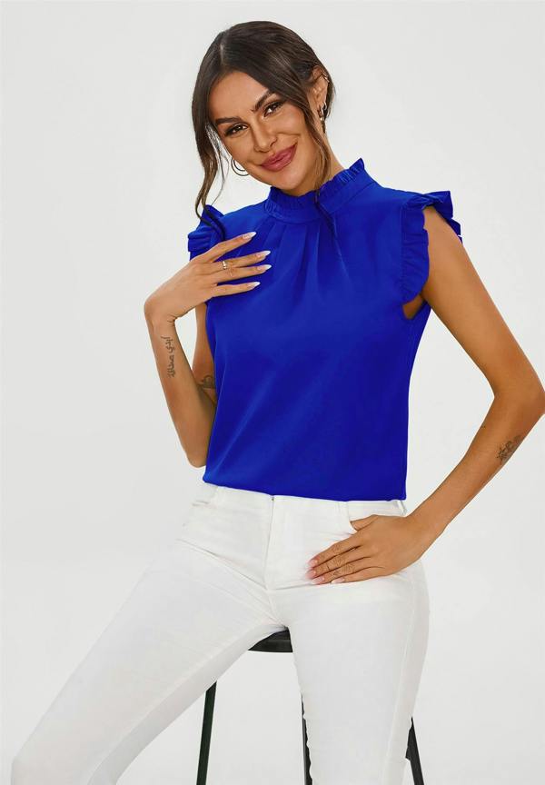 FS Collection Frill Trim Sleeve High Neck Blouse Top In Royal Blue