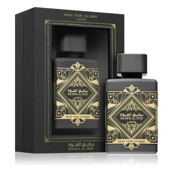 Lattafa Badee Al Oud Oud for Glory bottle and box