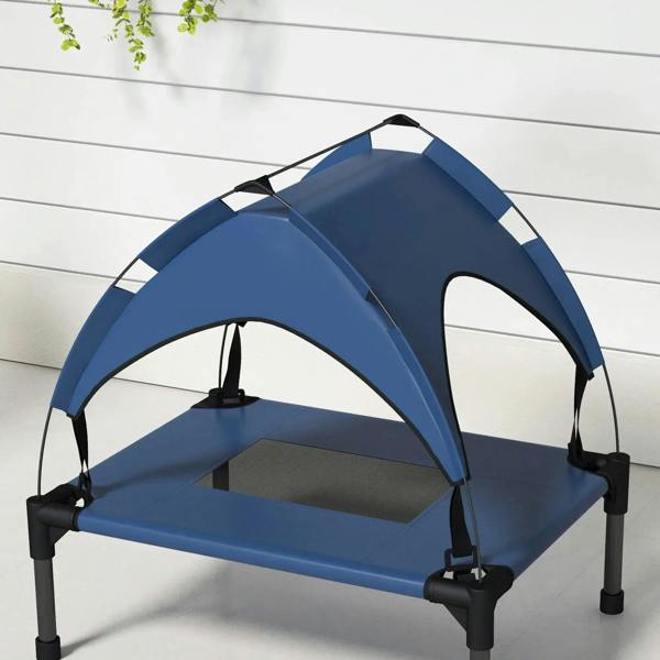 Dark blue cooling raised pet bed with arched canopy and open mesh window panels