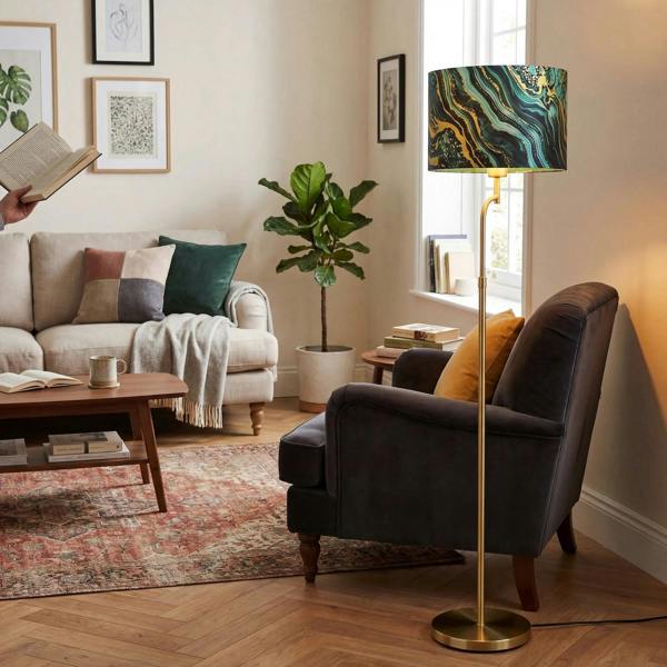 Modern Green and Gold Satin Fabric Lamp Shade with Wavy Marble Design Image 6
