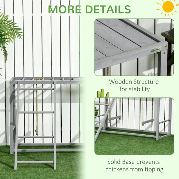 Grey wooden chicken coop play center detail: sturdy frame and solid base