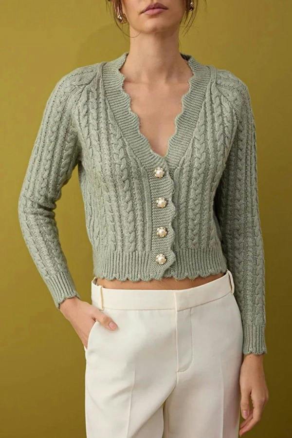 WOVCOR Soft Textured Crop Knit Cardigan with Pearl Button Details