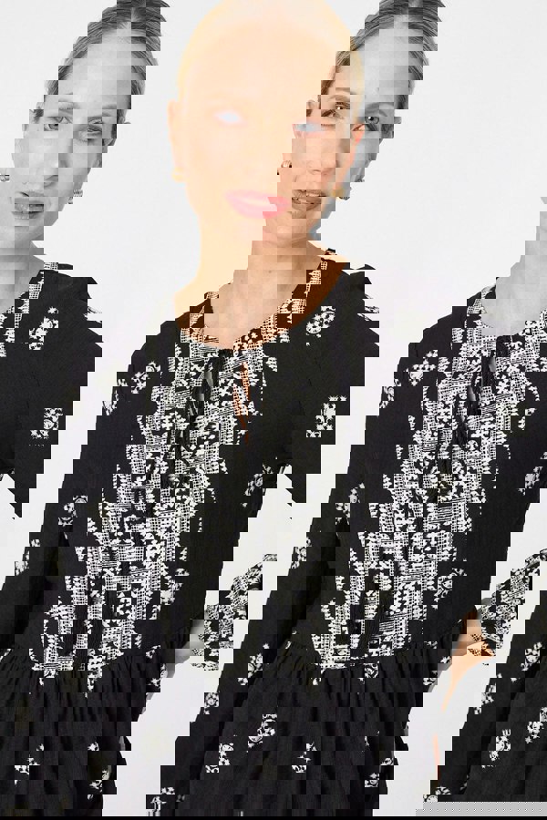 Black | Border Print Long Sleeve Tassel Blouse
