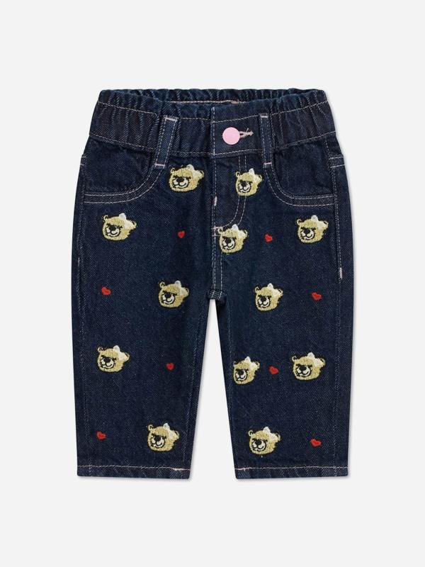 Guess Girls Embroidered Bear Mom Fit Jeans in Blue