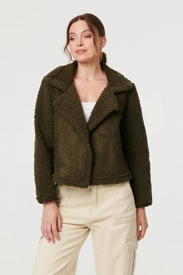 Green | Faux Suede Teddy Lined Biker Jacket
