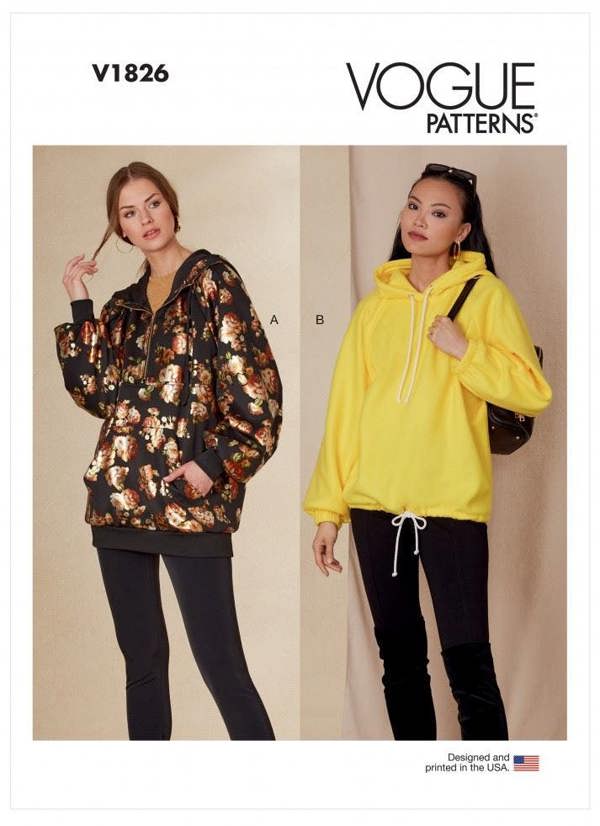 Vogue Sewing Pattern 1826, Tops, Hoodies for Women, A (XS-S-M-L-XL-XXL) - Easy
