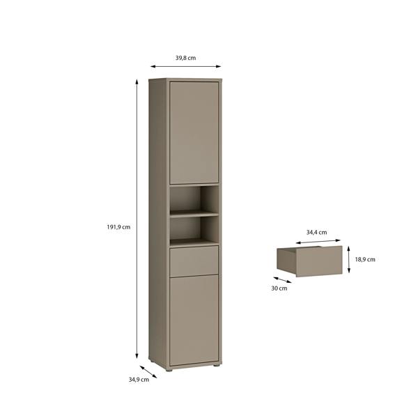 Furniture To Go Alice Springs Tall Narrow Bathroom Storage Cabinet with 2 Doors Push-to-Open & 1 Drawer Push-to-Open in Taupe