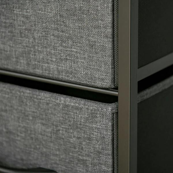 Gray fabric drawer with black trim and visible stitched seam at the corner