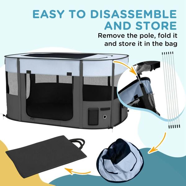 Grey foldable dog playpen with removable frame, mat, and storage bag