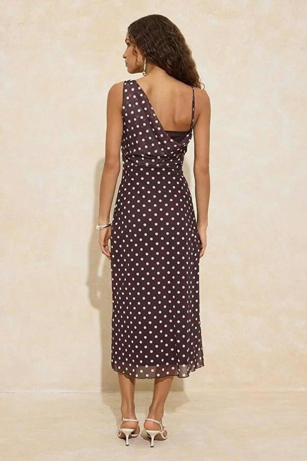 WOVCOR Polka Dot  Asymmetrical Neck Ruched Maxi Tulle Knit Dress