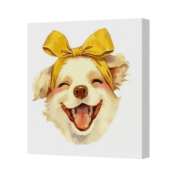 Benjamin Tate Design Happy Dog Canvas Print With Yellow Bow Hand Stretched Frame United Kingdom