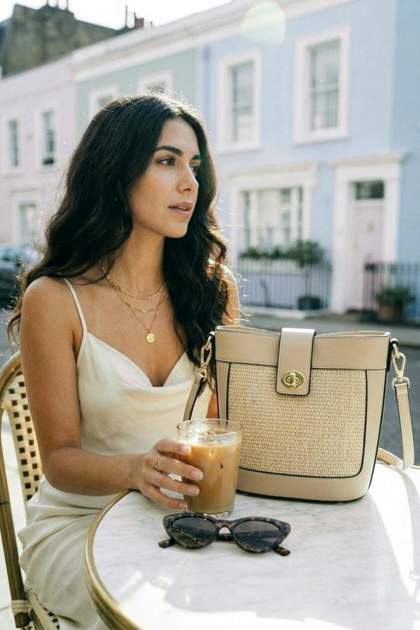 Cordelia Woven Panel Shoulder Bag - Apricot