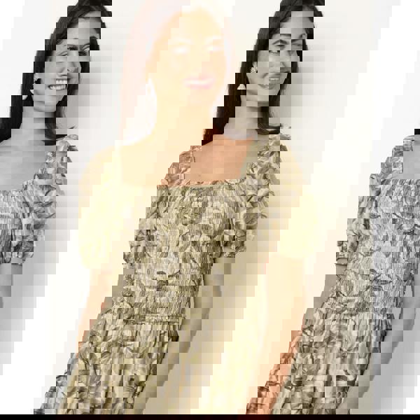 Blue Vanilla Large Floral Printed Square Neck Puff Sleeve Dress