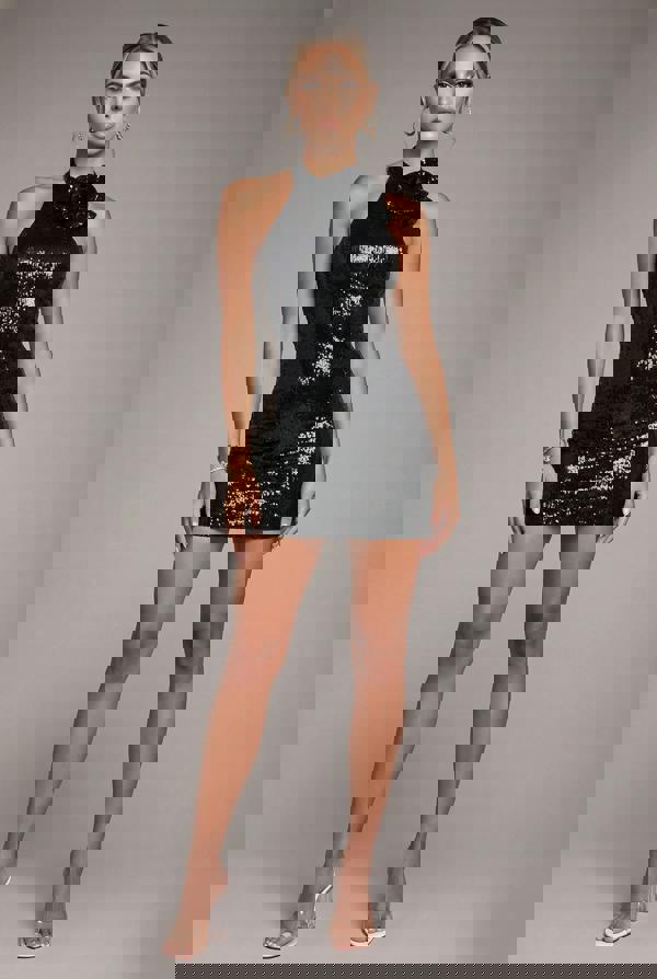 Liquid Sequin Halterneck Mini Dress With Corsage - Black DR4125