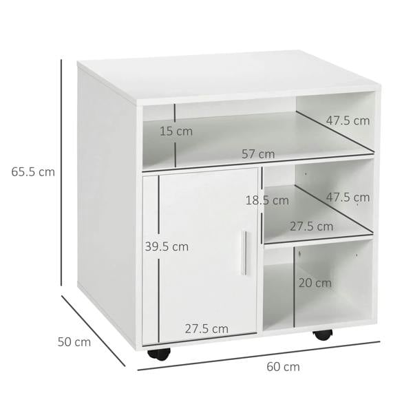 White printer stand unit with open shelves, cabinet door, and caster base