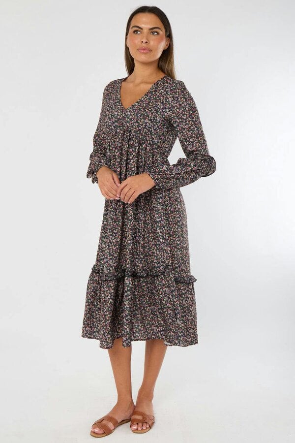 Elaina Fashion Ditsy Floral Maxi Dress - Black