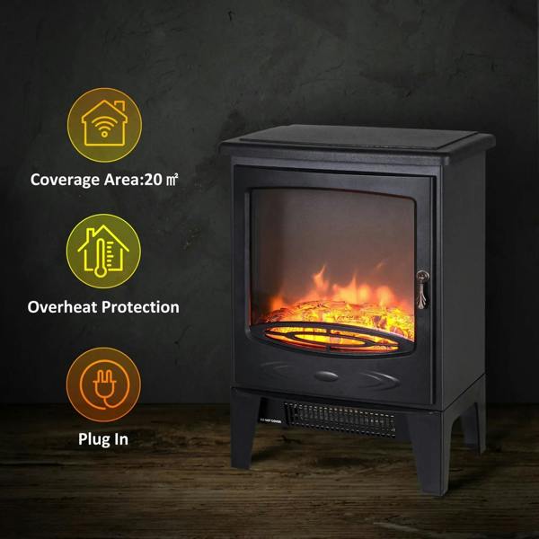 Black freestanding electric fireplace with flame window and safety feature callouts