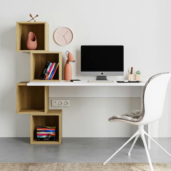 Decortie Balance Desk Modern 4-Tier Open Storage Shelves Engineered Wood 140x153.5x60cm