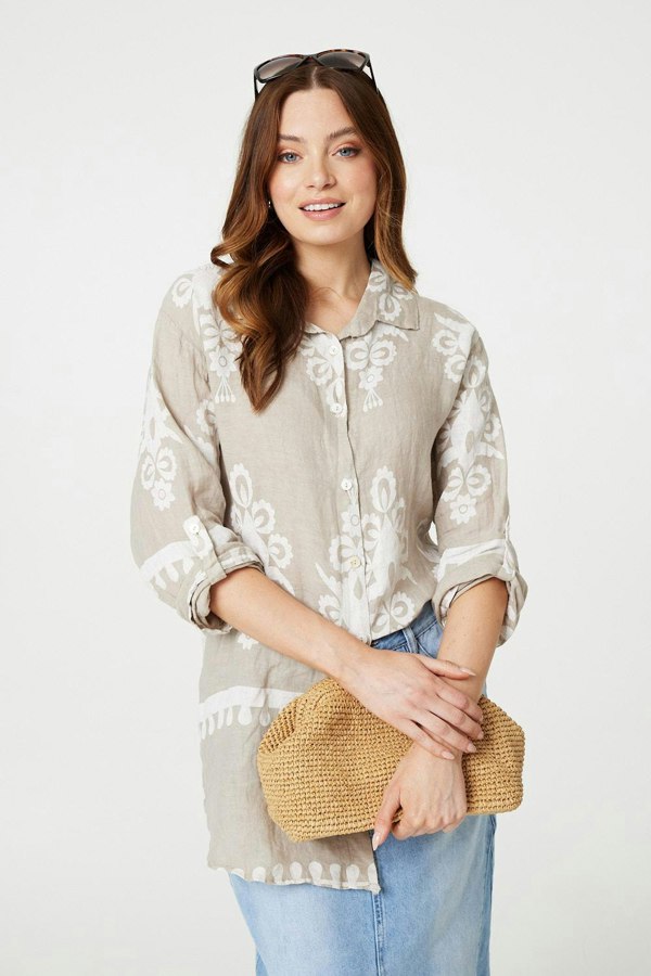 Stone | Printed Oversized Button Down Shirt