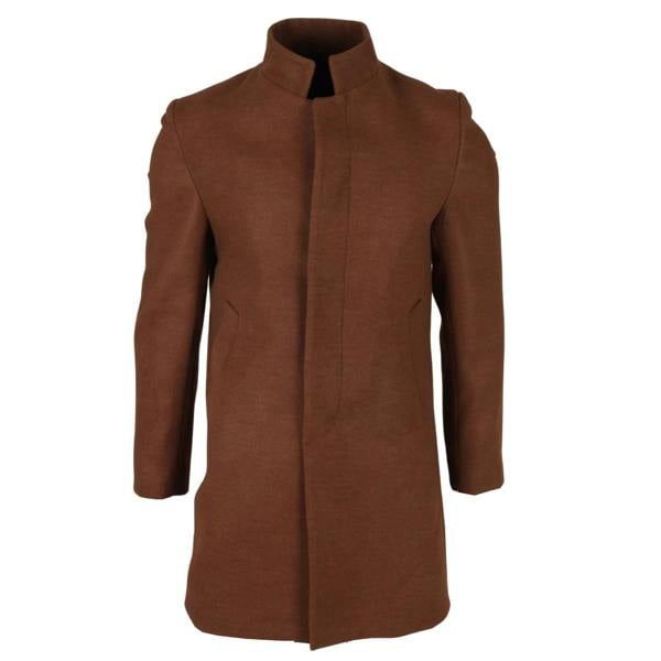 Infinity Leather Men's Brown Stand Collar Wool Blend Overcoat