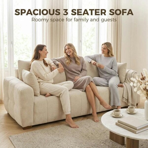 3 Seater Sofa, Upholstered Velvet Couch for Bedroom with Pillows, Padded Cushion and Wood Legs, Cream White