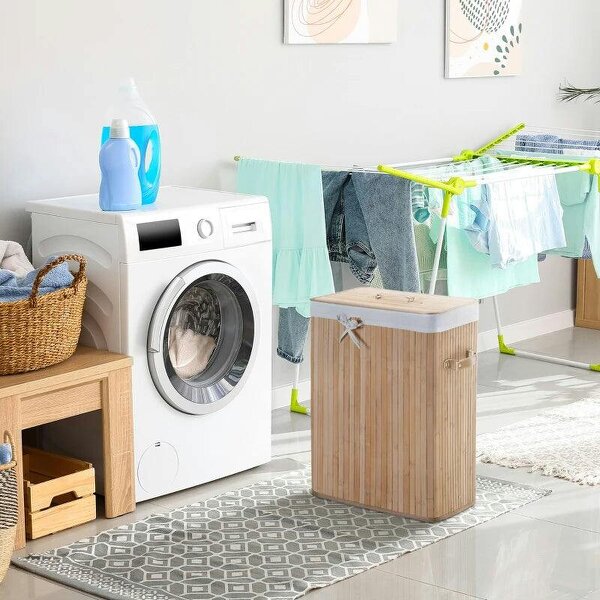 70L Collapsible Bamboo Laundry Hamper Organizer Clothes Washing Basket Bin Storage Box w/ Lid Removable Lining