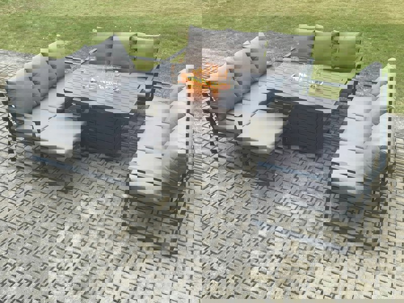 Fimous Aluminium 10 Seater Garden Furniture Outdoor Set Patio Lounge Sofa Gas Fire Pit Dining Table Set with Big Footstool Dark Grey