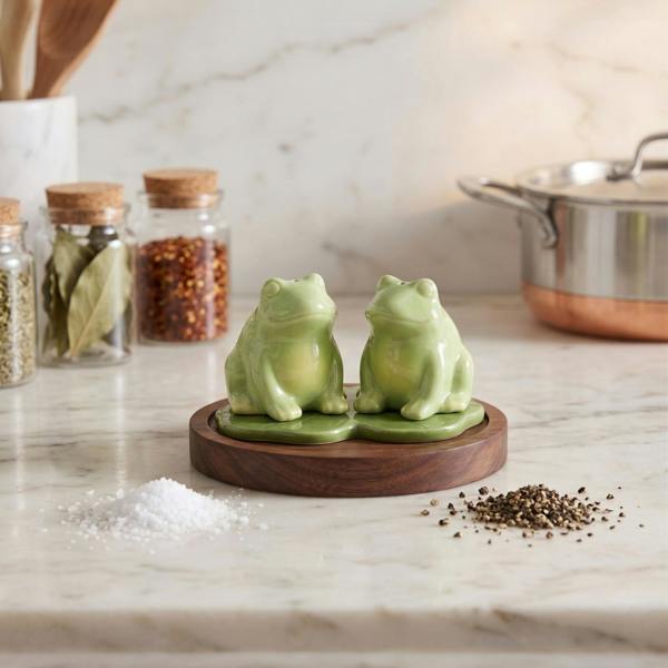 Kingsbury Gifts Ceramic Frog Salt & Pepper Shaker Set with Display Tray