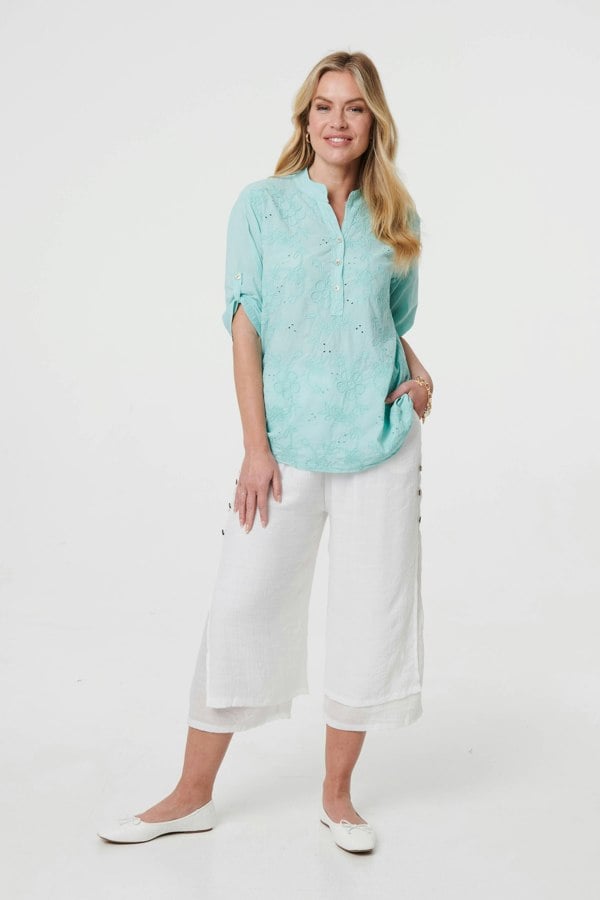 Green | Broderie Anglaise Button Front Blouse
